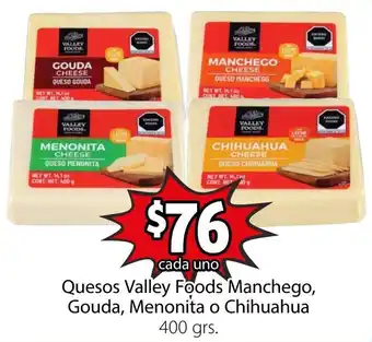 Soriana Híper Quesos Valley Foods Manchego, Gouda, Menonita o Chihuahua 400g oferta