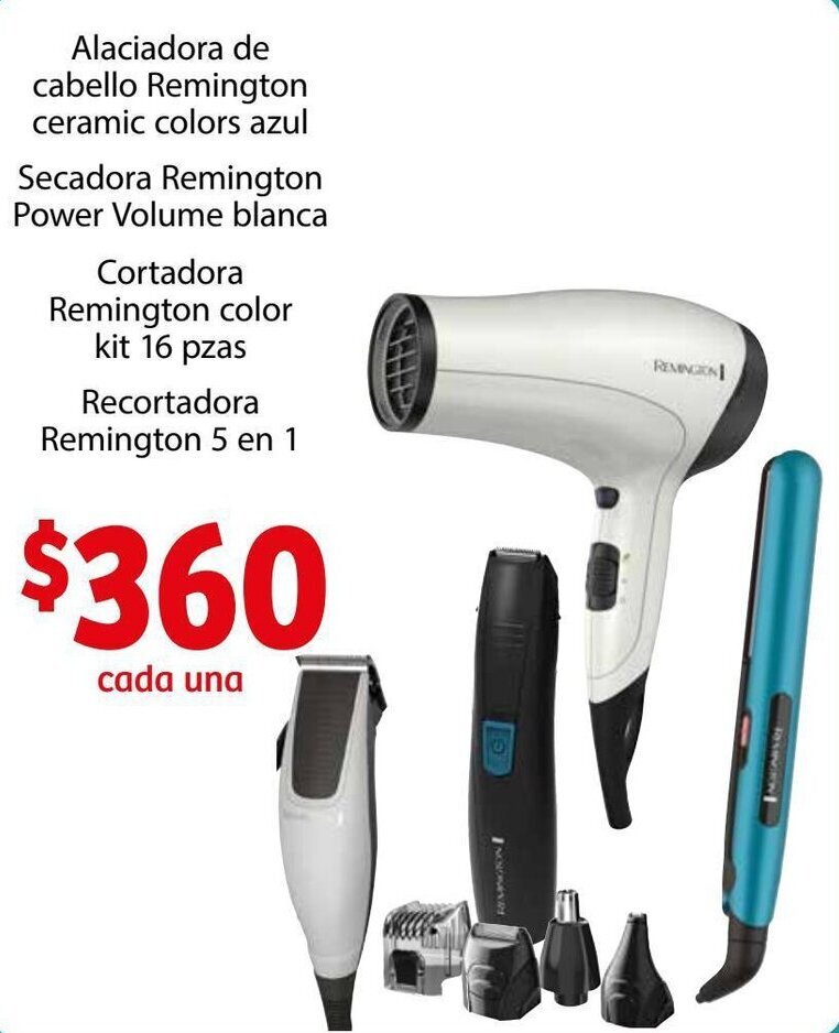 Alaciador Cabello Ceramic Azul/Secadora Power Volume/Cortadora Color Kit 16  pzas., Recortadora 5 en 1 Remington oferta en Soriana Híper