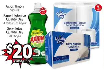 Soriana Híper Axion Limón 525ml/Papel Higiénico Quality Day 4 rollos, 320 hojas/Servilletas Quality Day 200 hojas oferta