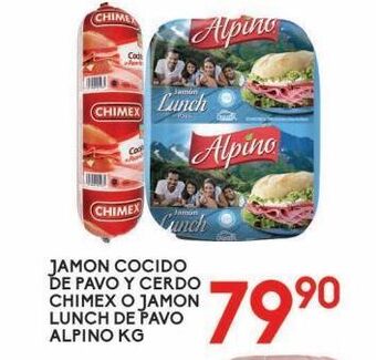 Alsuper Jamón cocido de pavo y cerdo chimex kg o jamón lunch pavo alpino kg oferta