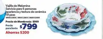 Sam's Club Vajilla de Melamina Servicio para 6 personas apariencia y textura de ceramica 18 pzas oferta
