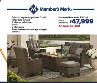 Sam's Club Sala con fogata de gas New Castle Ratan tejio a mano 2 sillones individales 1 sofa 2 otomanes 1 mesa de centro con fogata de oferta