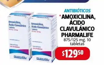 Farmacias Guadalajara Antibioticos Amoxicilina, Acido Clavulanico Pharmalife 875/125mg 10 tabletas oferta