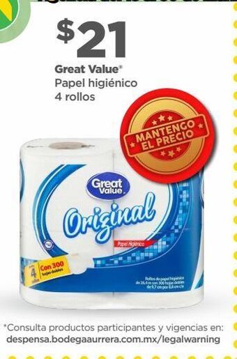 Bodega Aurrerá Papel higiénico great value 4 rollos oferta