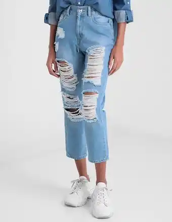 Jeans mom furor lavado destruido corte cintura para mujer