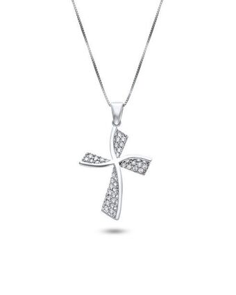 Dije de cruz de oro blanco con cadena 14k con zirconias