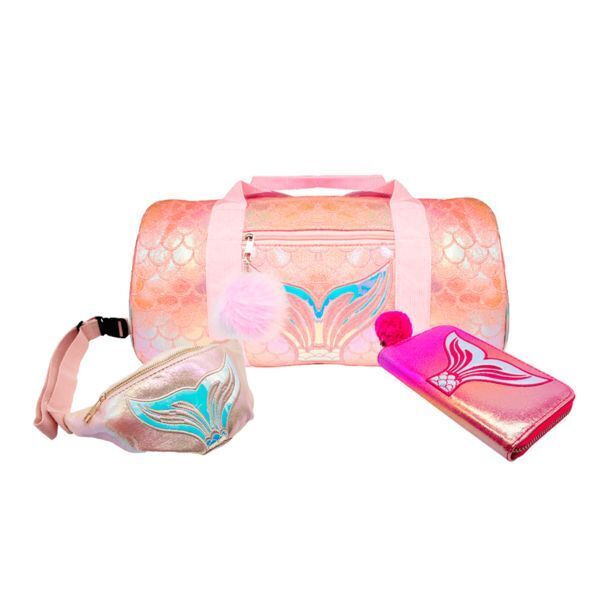 Kit 3 piezas maleta cartera y cangurera rosa cola de sirena oferta en  Elektra