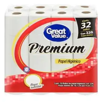 Papel higiénico great value premium 32 rollos con 220 hojas dobles c/u