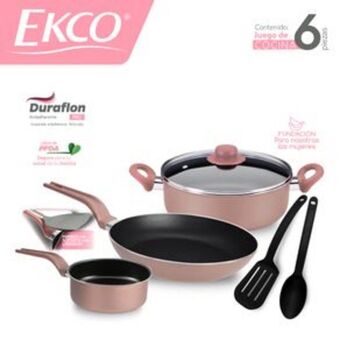 Batería de cocina ekco rosa de 6 piezas hecha de aluminio con antiadherente duraflon® pro