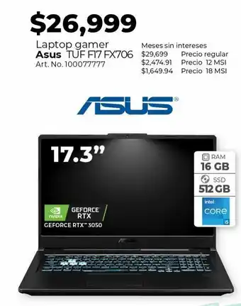 Office Depot Laptop gamer asus tuf f17 fx706 / geforce rtx 3050 oferta