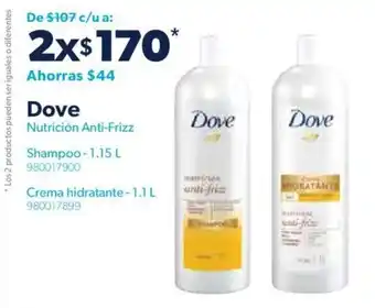 Sam's Club Dove Nutrición Anti-Frizz Shampoo 1.15L | Crema Hidrante 1.1L oferta