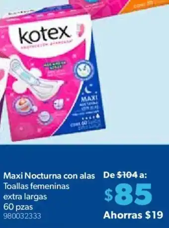 Sam's Club Maxi Nocturna con Alas Toallas Femeninas Extra Largas 60 pzas oferta