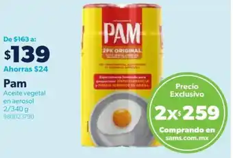 Sam's Club Pam Aceite Vegetal en Aerosol 2/340g oferta
