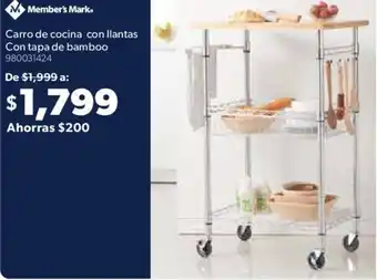 Sam's Club Member's Mark Carro de Cocina con ilantas con Tapa de Bamboo oferta
