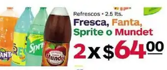 Refrescos Fresca, Fanta, Sprite o Mundet 2 x 2.5lt