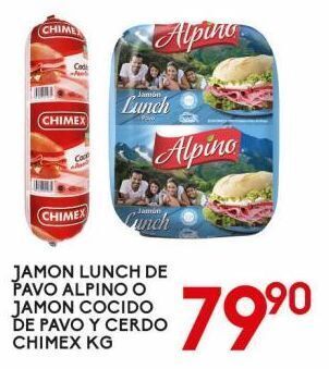 Alsuper Jamón lunch de pavo alpino o jamón cocido de pavo chimex kg oferta