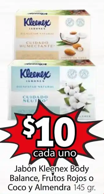 Soriana Híper Jabón Kleenex Body Balance, Frutos Rojjos o Coco y Almendra 145g oferta