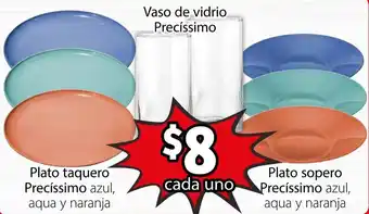 Soriana Híper Vaso de Vidrio Precíssimo, Plato Taquero/Sopero Precíssimo Azul, Aqua y Naranja oferta