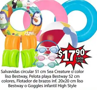 Salvavidas Circular 51cm Sea Creature o Color Liso, Pelota Playa Bestway 52cm Colores, Flotador de Brazos Liso Bestway o Gogg