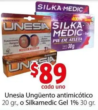 Soriana Híper Unesia Ungüento Antimicótico 20gr, o Silkamedic Gel 1% 30gr oferta