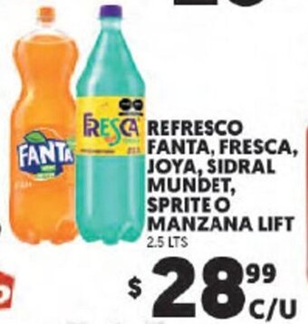 Merco Refresco Fanta, Fresca, Joya, Sidral Mundet, Sprite o Manzana Lift 2.5lts oferta
