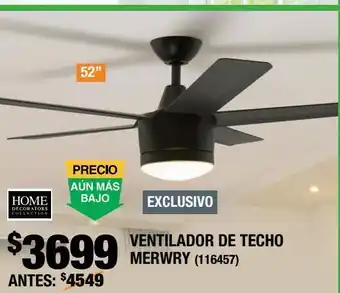 The Home Depot Ventilador de techo merwry 52 pulgadas luz led oferta