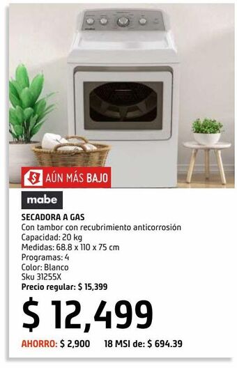 Sodimac Homecenter Secadora a gas mabe con capacidad de secado de 20 kgs oferta