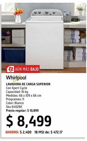 Lavadora whirlpool carga superior 16kg xpert system tapa metálica y panel blanco 8mwtw1612mjq blanco