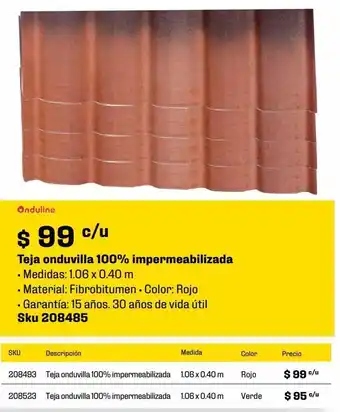 Sodimac Homecenter Teja onduvilla 1.06 x .40 m teja de fibrobitumen 100% impermeabilizante 15 años oferta