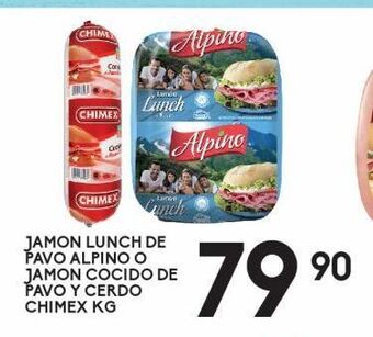 Alsuper Jamón lunch de pavo alpino kg o jamón cocido de pavo y cerdo chimex kg oferta