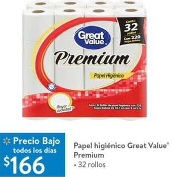 Walmart Papel Higiénico Great Value Premium 32 Rollos oferta