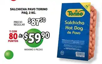 Soriana Híper Salchicha Pavo Torino Paq 2 kg oferta