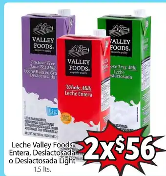 Soriana Mercado Leche Valley Foods Entera, Deslactosada o Deslactosada Light 1.5 Lts oferta