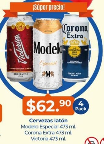 Cervezas laton Modelo Especial 473 ml, Corona Extra 473 ml, Victoria 473 ml