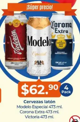 Cervezas laton Modelo Especial 473 ml, Corona Extra 473 ml, Victoria 473 ml