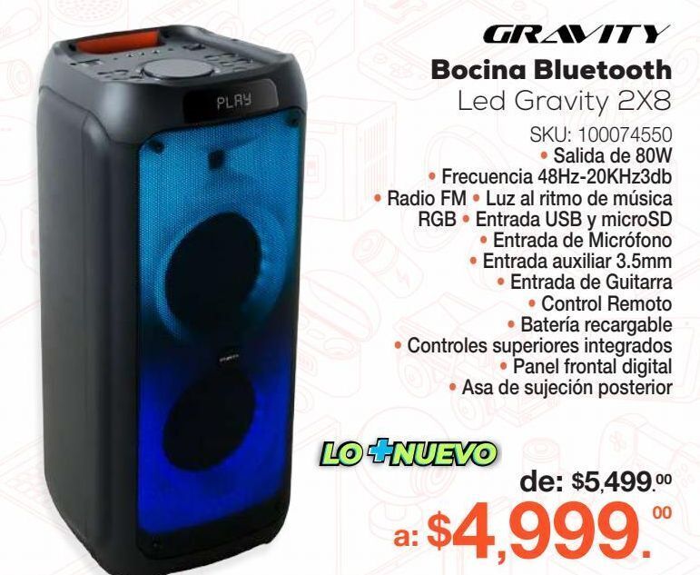 Bocina bluetooth led gravity 2x8 oferta en RadioShack