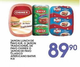 Alsuper Jamón lunch de pavo kir o jamón tradicional de pavo chimex o jamón de pavo clasico americano bafar kg oferta