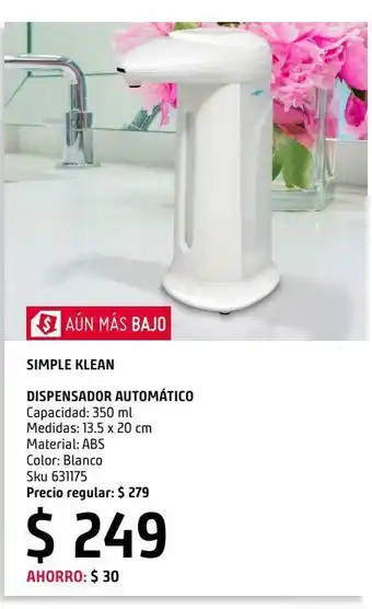 Dispensador automático 350 ml simple kleen para gel antibacterial y jabón líquido