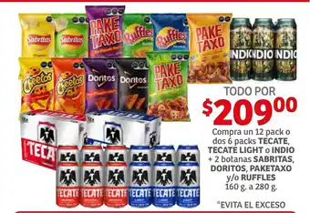Compra un 12 pack o dos 6 packs TECATE, TECATE LIGHT o INDIO + 2 botanas SABRITAS, DORITOS, PAKETAXO y/o RUFFLES 160g