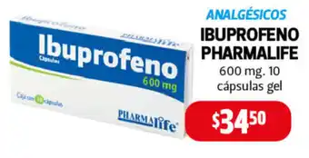 Farmacias Guadalajara Analgésicos Ibuprofeno Gel Pharmalife 600mg x 10 cápsulas oferta