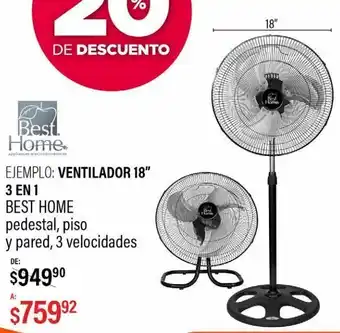 DelSol Ventilador 18" 3 en 1 best home pedestal, piso y pared, 3 vel oferta