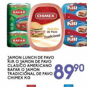 Alsuper Jamón lunch de pavo kir o jamón tradicional de pavo chimex o jamón de pavo clasico americano bafar kg oferta
