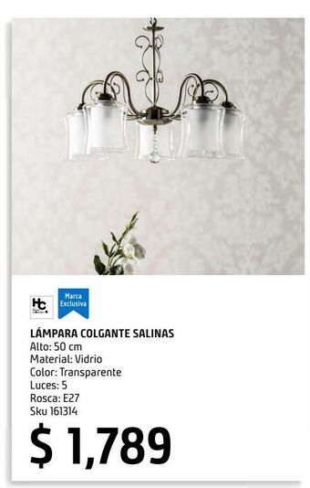 Sodimac Homecenter Lámpara colgante 40w salinas transparente 5luces e27 vidrio 50cm oferta