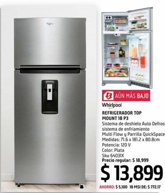 Refrigerador whirlpool top mount wt1870a 503.90 l / 18 p³