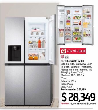 Refrigerador lg 22 pies³ side by side vs22js acero inoxidable
