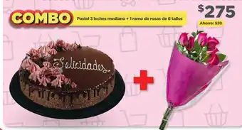 Combo pastel 3 leches mediano + 1 ramo de rosas de 6 tallos