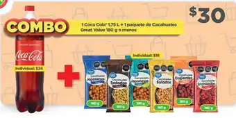 Bodega Aurrerá 1 coca cola 1.75 l + 1 paquete de cacahuates great value 180 g o menos oferta