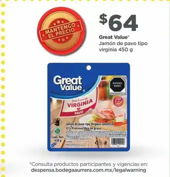 Bodega Aurrerá Jamón de pavo great value 450g oferta