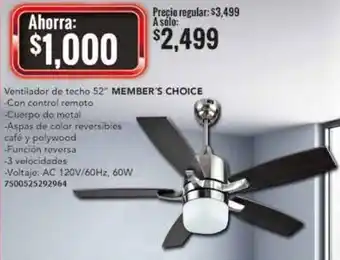 City Club Member's Choice Ventilador de Techo 52" oferta