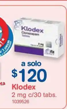 Farmacias Benavides Klodex 2 mg c/30 tabs. oferta